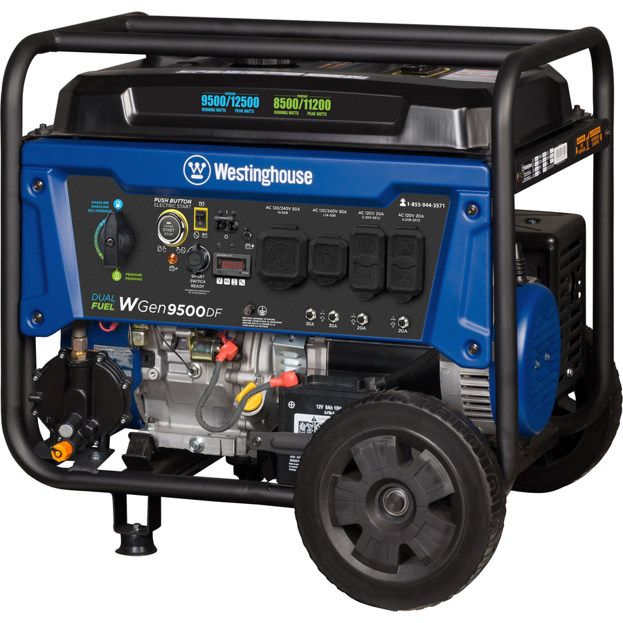 Blue open-frame generator mounted in a black tubular steel roll cage, three-quarter view from the front left on white. The control panel carries a fuel-selector lever marked for gasoline and propane, a circular push-button engine start and stop, a small digital meter window, and a row of four rubber-capped receptacles (one large flanged round outlet, one round twist-lock, and two flip-cover duplex household outlets), each with its own push-button breaker below. The engine block, air-filter housing, a small sealed battery, a dipstick and a fuel drain valve are visible beneath the panel. One large moulded solid wheel sits at the rear with two folding support feet under the front.