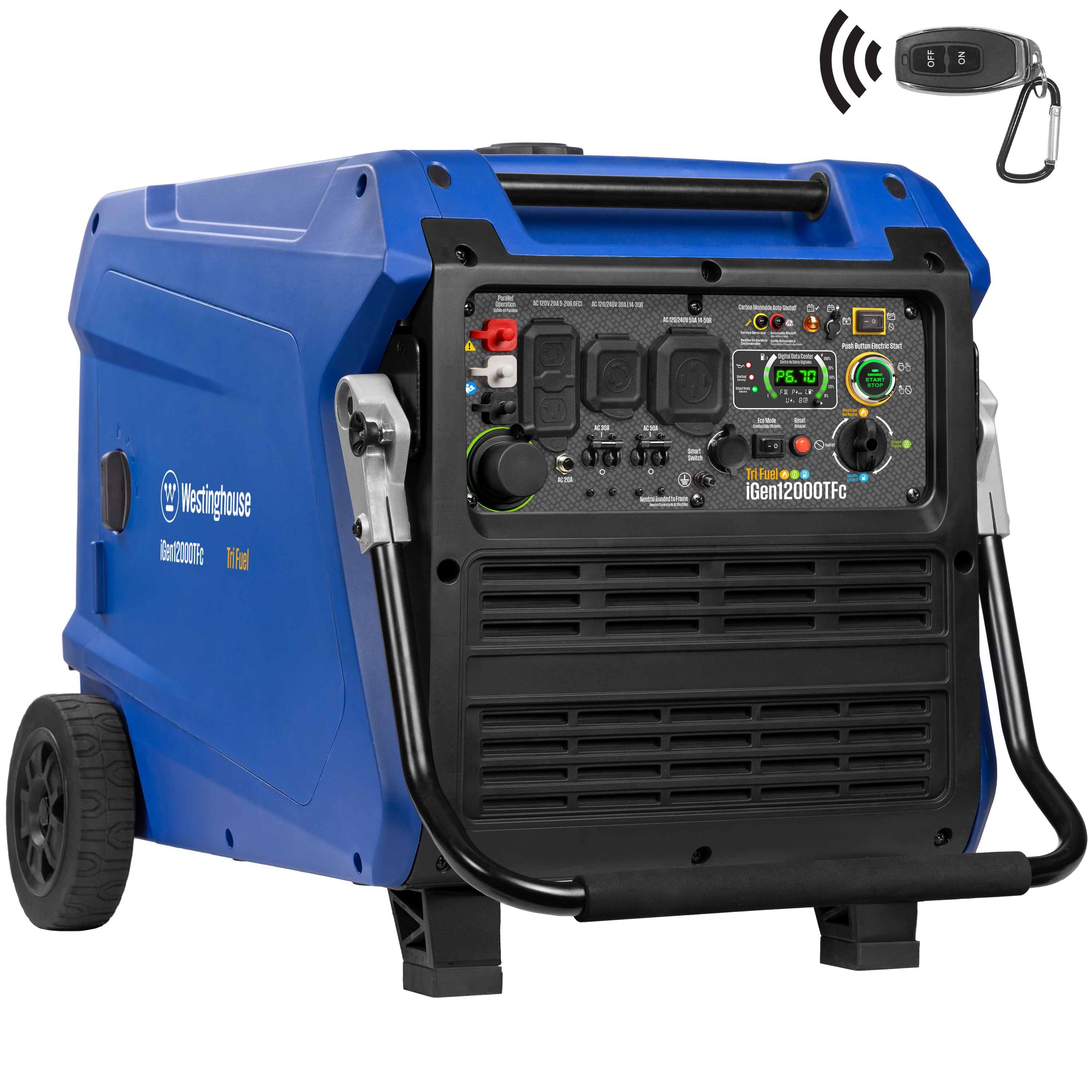 Blue enclosed Westinghouse inverter generator on two wheels with a folding U-shaped handle, angled front view showing the control panel with locking and duplex outlets and a digital display, on a white background, with the included remote-start key fob shown as an inset at top right.