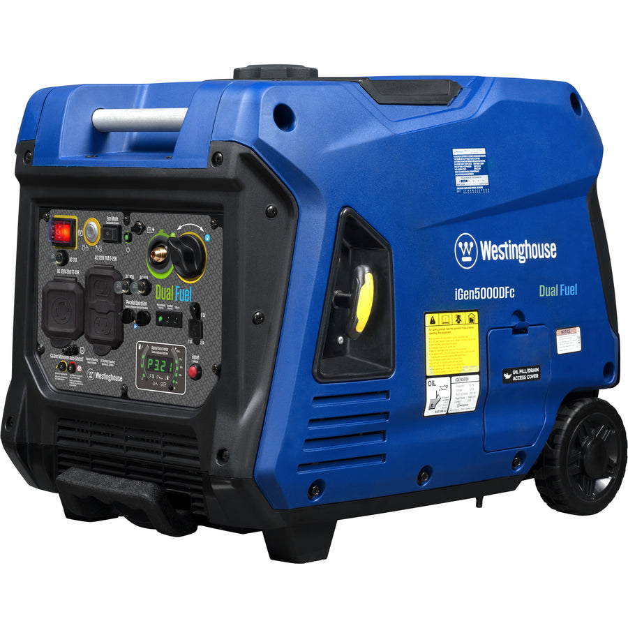 Blue and black fully enclosed inverter generator at a three-quarter angle from the front left on plain white. A straight lift bar is recessed into the top. The control panel carries a master rocker switch, a round push-button start, an eco-mode toggle, a brass propane inlet, and a large fuel-selector dial; below them sit a round rubber-flapped RV-style locking receptacle, two flip-cover household duplex outlets, a small display with a reset button, and a pair of DC and USB ports. A recoil pull handle sits in the side recess, louvred venting runs along the lower body, and one moulded wheel is visible at the rear with fixed feet under the front.