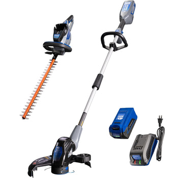 40V hedge trimmer, string trimmer and edger, and battery and charger on a white background.