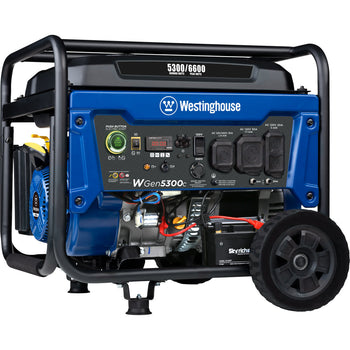 Westinghouse | WGen5300c portable generator shown at an angle on a white background.