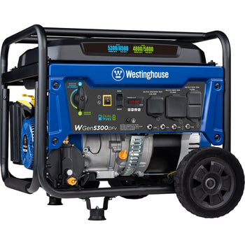 Westinghouse | WGen5300DFv portable generator shown at an angle on a white background.