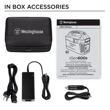 Westinghouse | iGen600s Portable Power Station graphic highlighting the in box accessories. The items laid out on a white background include the owner's manual, wall charger, car charger, and soft accessories case.