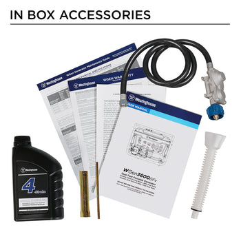 Westinghouse | WGen3600DFv portable generator in box accessories: oil bottle, oil funnel, user manual, warranty, maintenance guide, tools, and propane hose/regulator