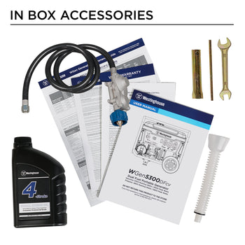Westinghouse | WGen5300DFcv in box accessories: manual, warranty, quick start guide, maintenance guide, spark plug wrench, oil bottle, oil funnel, and propane regulator and hose