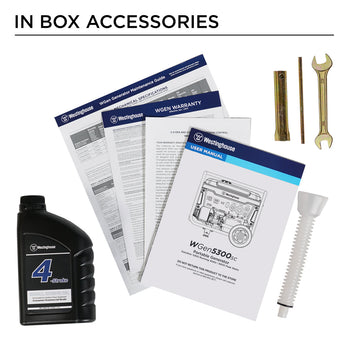 Westinghouse | WGen5300sc portable generator in box accessories displayed on a white background: oil bottle, oil funnel, tool kit, user manual, warranty information, maintenance guide.