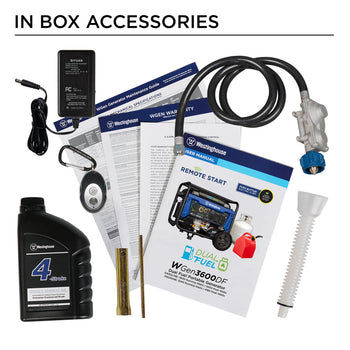 Westinghouse | WGen3600DF portable generator in box accessories: Oil, warranty, quick start guide, manual, oil funnel, spark plug wrench, remote, propane regulator/hose, and 12V battery cable.