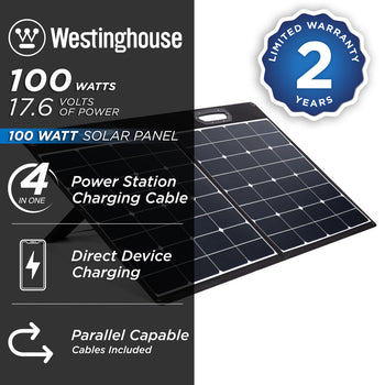 Westinghouse | WSolar100p solar panel shown on a white background with text over it reading: 100 watts, 17.6 volts of power, 100 watt solar panel, 4 in 1 power station charging cable, direct device charging, parallel capable cables included and 2 year limited warranty