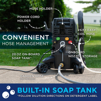 Westinghouse | ePX3050 pressure washer shown on concrete with call outs for hose management and blue bar at the bottom reading: built in soap tank follow dilution directions on detergent label