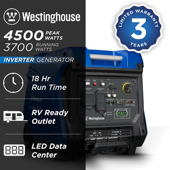 Westinghouse | iGen4500cv inverter generator shown on a white background with text reading: 4500 peak watts, 3700 running watts, 3 year limited warranty, 18 hour run time, RV ready outlet, and LED data center.