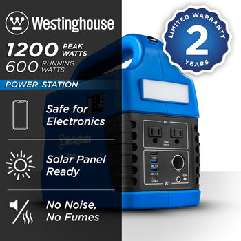 Westinghouse | iGen600s power station shown on a white background with text reading: 1200 peak watts, 600 running watts, safe for electronics, solar panel ready, no noise no fumes and 2 year limited warranty