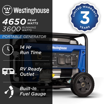 Westinghouse | WGen3600 portable generator shown on a white background with text reading: 4650 peak watts, 3600 running watts, 3 year limited warranty, 14 hour run time, RV ready outlet, built-in fuel gauge.