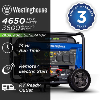 Westinghouse | WGen3600DFc portable generator shown on a white background with text reading: 4650 peak watts, 3600 running watts, 3 year limited warranty, dual fuel gas/LPG, 14 hour run time, remote/electric start, RV ready outlet.