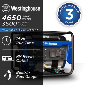 Westinghouse | WGen3600v portable generator shown on a white background with text reading: 4650 peak watts, 3600 running watts, 3 year limited warranty, 14 hour run time, RV ready outlet, built-in fuel gauge.