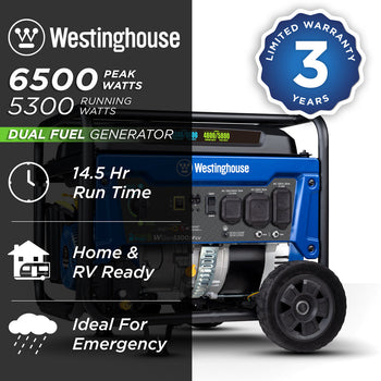 Westinghouse | WGen5300DFcv portable dual fuel generator shown on a white background with text reading: 6500 peak watts, 5300 running watts, 3 year limited warranty, 14.5 hour run time, Home & RV Ready, ideal for emergency.