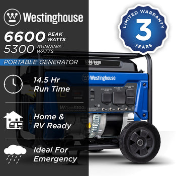 Westinghouse | WGen5300v portable generator shown on a white background with text reading: 6600 peak watts, 5300 running watts, 3 year limited warranty, 14.5 hour run time, Home & RV Ready, ideal for emergency.