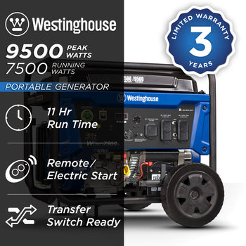 Westinghouse | WGen7500c portable generator shown on a white background with text reading: 9500 peak watts, 7500 running watts, 11 hour run time, remote/electric start transfer switch ready and 3 year limited warranty