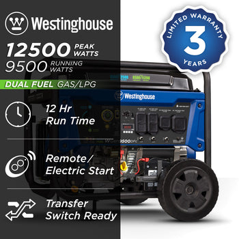 Westinghouse | WGen9500DFc portable generator shown on a white background with text saying: Westinghouse 12500 peak watts, 9500 running watts, dual fuel, 12 hour run time, remote/electric start, transfer switch ready and 3 year limited warranty