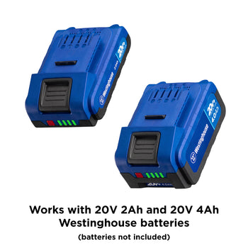 Westinghouse 20V 2 amp hour and 4 amp hour lithium-ion batteries on a white background. Black text along the bottom of the page reads, 