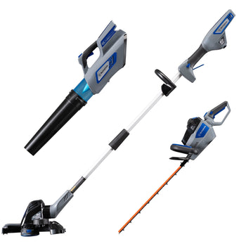 Leaf blower, string trimmer and edger, and hedge trimmer on a white background