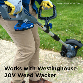 A man using the Westinghouse 20V string trimmer and edger on the edge of a sidewalk. Black text along the bottom of the image reads 
