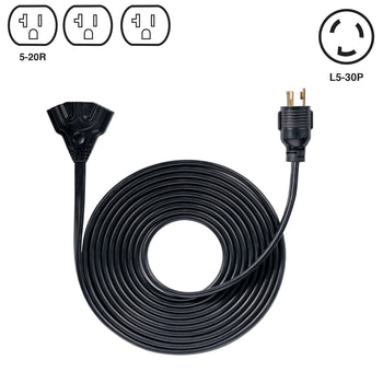 25' Generator Cord: 30A 120V L5-30P to (3x) 5-20R