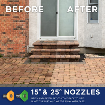 Westinghouse | ePX3050 pressure washer showing a before and after image of a patio with blue bar at the bottom reading 15 and 25 degree nozzles brick and paved patios come back to life blast the dirt and weeds away with ease