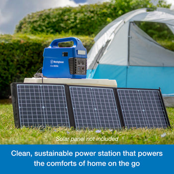 Westinghouse | iGen600s Portable Power Station sits atop a cooler. Leaning against the cooler are three solar panels that are plugged into the power station. A blue banner at the bottom reads, 