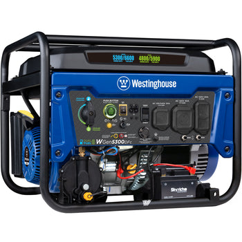 Westinghouse | WGen5300DFc portable generator shown at an angle on a white background.