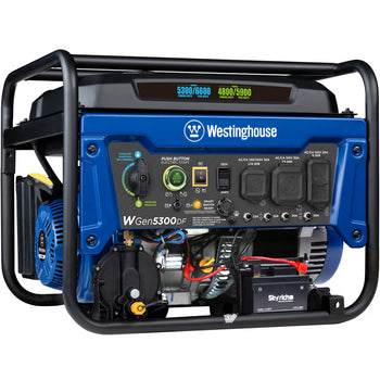 Westinghouse | WGen5300DF portable generator shown at an angle on a white background.