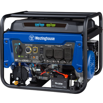 Westinghouse | WGen5300DF portable generator front left view on a white background.