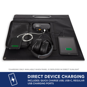 Westinghouse | WSolar100p solar panel shown folded charging a cell phone, headphones and a tablet. Text at the bottom reads: *charging only available when panel is deployed in direct sunlight. A blue bar at the bottom reads: direct device charging, includes: quick charge USB, USB-C, regular USB charging ports