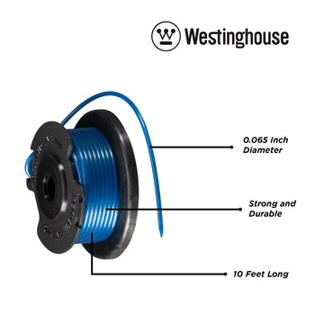 Westinghouse 20V .065 string trimmer line on a white background with the Westinghouse logo along the top. Black lines pointing to the string trimmer line highlight the features 