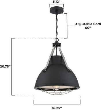Bartley One-Light Indoor Pendant, Matte Black Finish with Dark Pewter Accents
