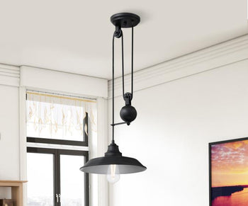 Iron Hill One-Light Indoor Pulley Pendant, Matte Black Finish