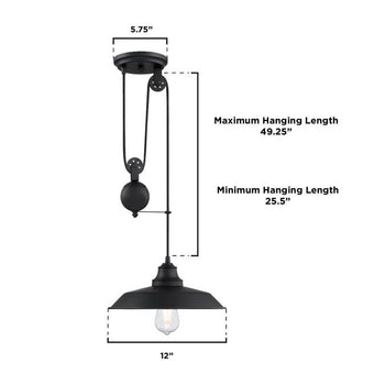 Iron Hill One-Light Indoor Pulley Pendant, Matte Black Finish