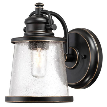 Emma Jane One-Light Outdoor Wall Lantern, Amber Bronze Finish with Highlights on Steel and Clear Seeded Glass