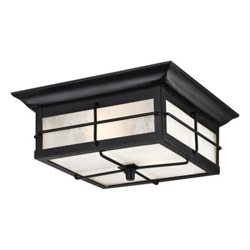 Orwell Two-Light Outdoor Flush-Mount Fixture, Textured Black Finish on Steel with Frosted Seeded Glass