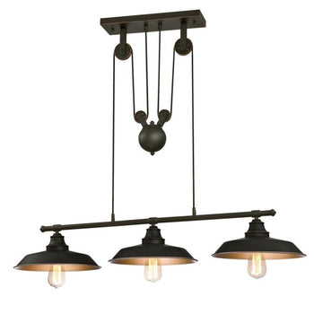 Iron Hill Three-Light Indoor Island Pulley Pendant, Oil Rubbed Bronze Finish with Highlights