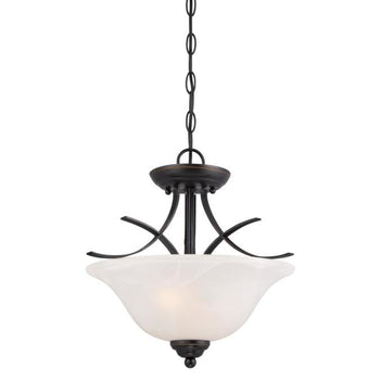 Pacific Falls Two-Light Indoor Convertible Pendant/Semi-Flush Ceiling Fixture, Amber Bronze Finish with White Alabaster Glass