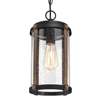 Armin One-Light Outdoor Pendant, Textured Black Finish with Barnwood Accents