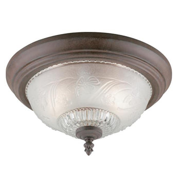 Two-Light Flush-Mount Interior Ceiling Fixture, Sienna Finish with Embossed Floral and Leaf Design Glass