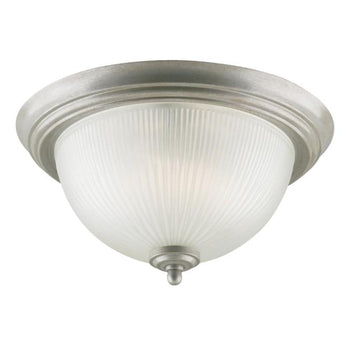 Two-Light Flush-Mount Interior Ceiling Fixture, Pewter Patina Finish with Frosted Ribbed Glass