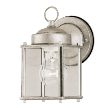 One-Light Exterior Wall Lantern, Antique Silver Finish on Steel with Clear Glass Panels