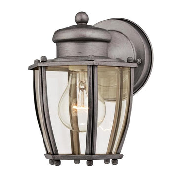 One-Light Exterior Wall Lantern, Antique Silver Finish on Steel with Clear Curved Glass