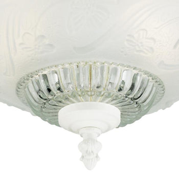 Two-Light Flush-Mount Interior Ceiling Fixture, Textured White Finish with Embossed Floral and Leaf Design Glass