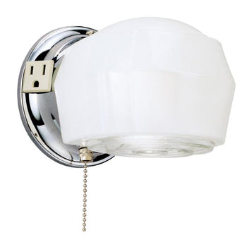 One-Light Interior Wall Fixture with Ground Convenience Outlet and Pull Chain, Chrome Finish Base with White and Crystal Glass