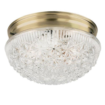 Two-Light Flush-Mount Interior Ceiling Fixture, Antique Brass Finish with Clear Faceted Glass