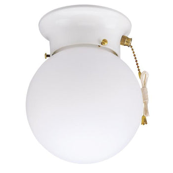 One-Light Flush-Mount Interior Ceiling Fixture with Pull Chain, White Finish with White Glass Globe