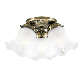 Three-Light Flush-Mount Interior Ceiling Fixture, Antique Brass Finish with Frosted Ruffled Edge Glass